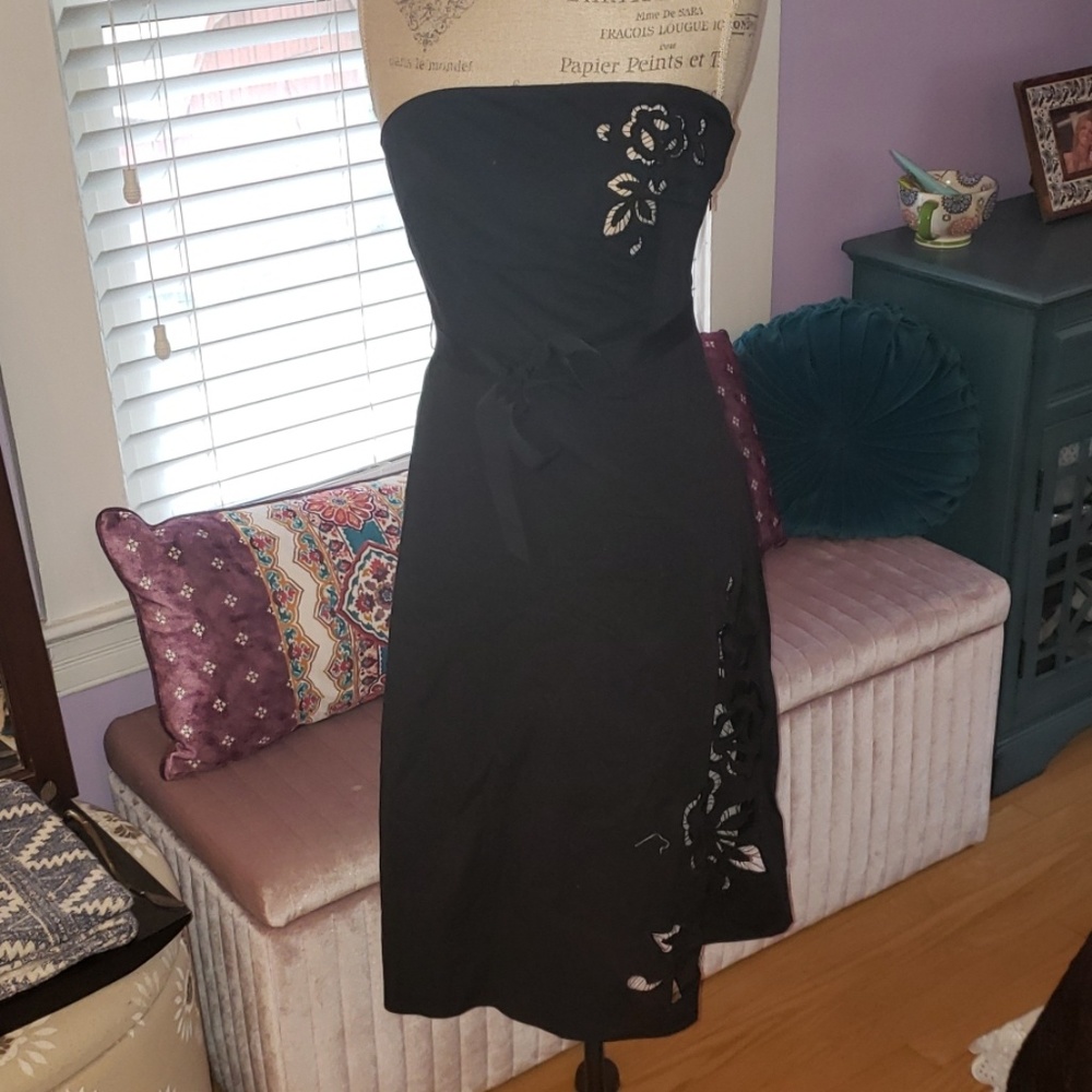 Express black strapless floral design dress